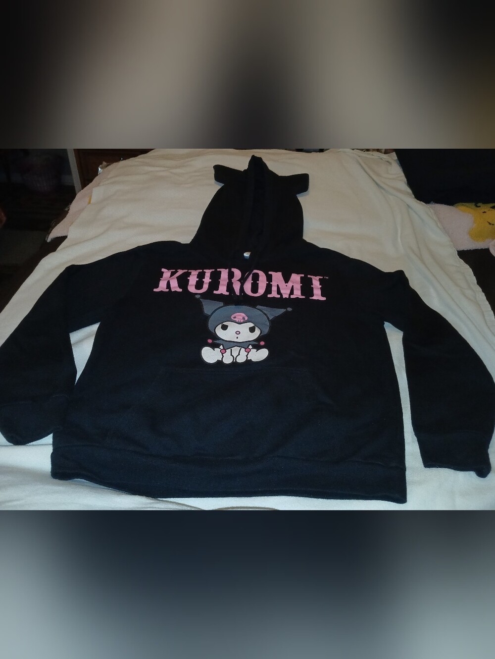 Pre-loved Kuromi Black Kids Hoodie with Pink Logo.